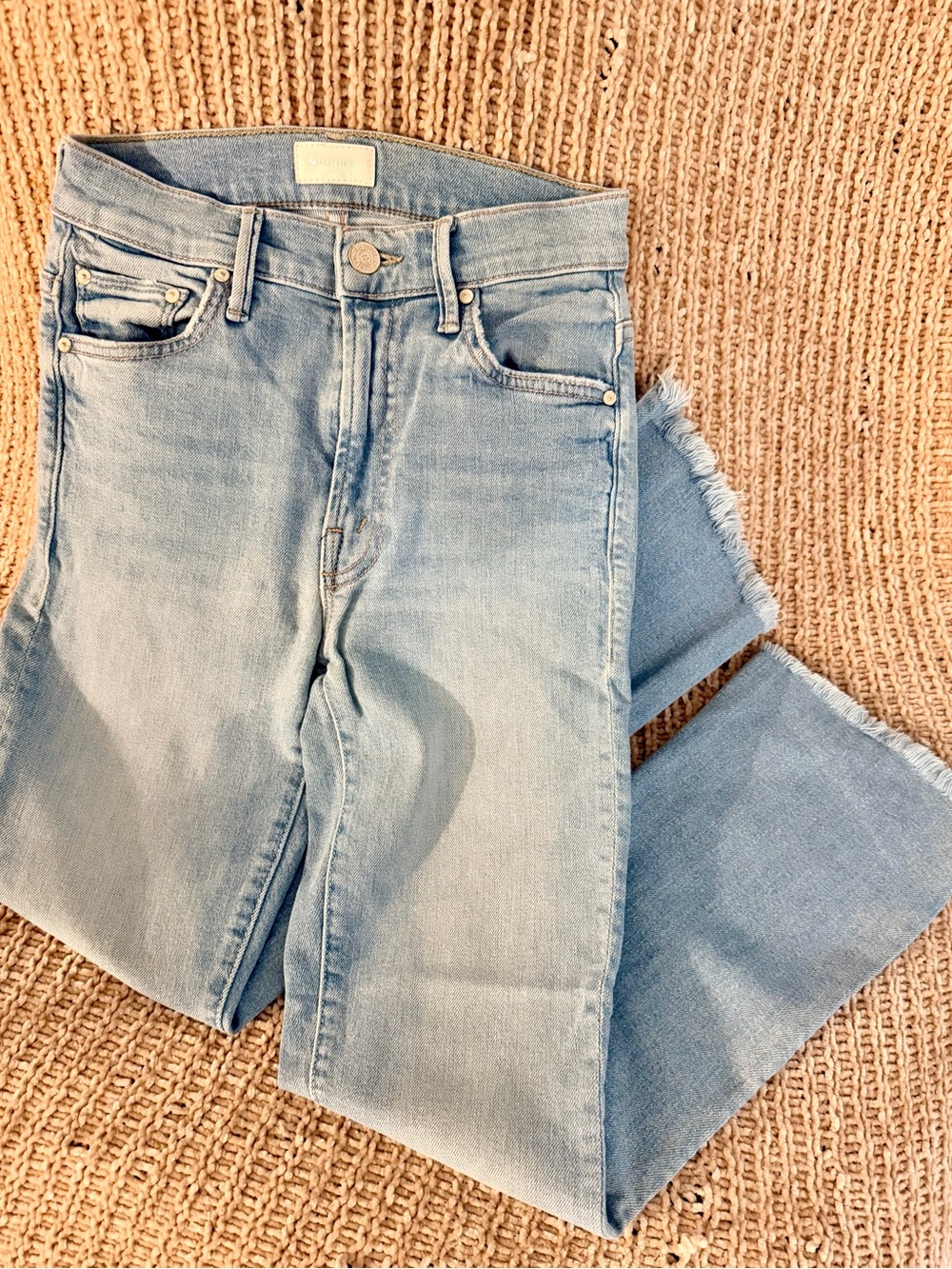 MOTHER Denim Light Wash Cropped Flare Jeans Raw Hem Size 23